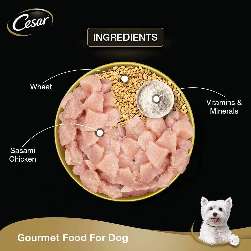 Henlo Chicken & Vegetable Baked Dry Food for Adult Dogs and Cesar Sasami & Vegetables in Jelly Adult Dog Wet Food Combo