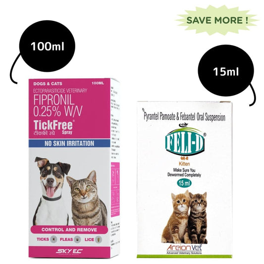 Areion Vet Feli D Suspension Kitten Dewormer and Tick Free Anti Tick & Flea Spray Combo