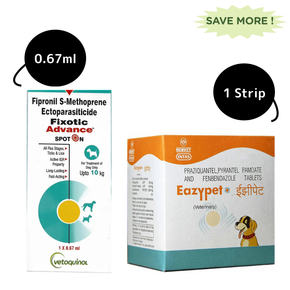 Vetoquinol Fixotic Advance Upto 10kg Spoton and Intas Eazypet Dog Deworming Tablet Combo