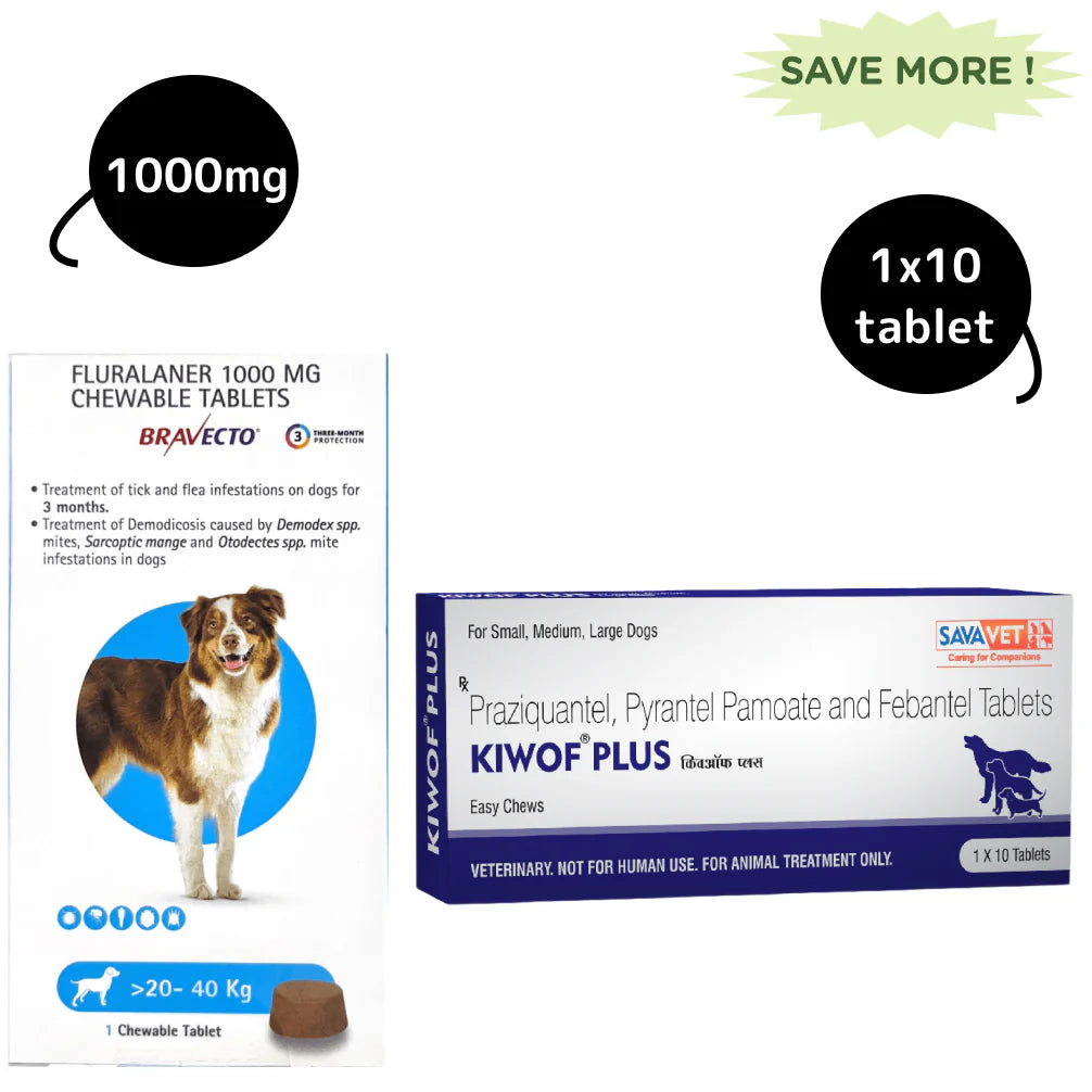 Kiwof Plus Dog Deworm Tablet (10 tablets) and Bravecto Dog Tick & Flea Control Tablet (20-40 kg) Combo