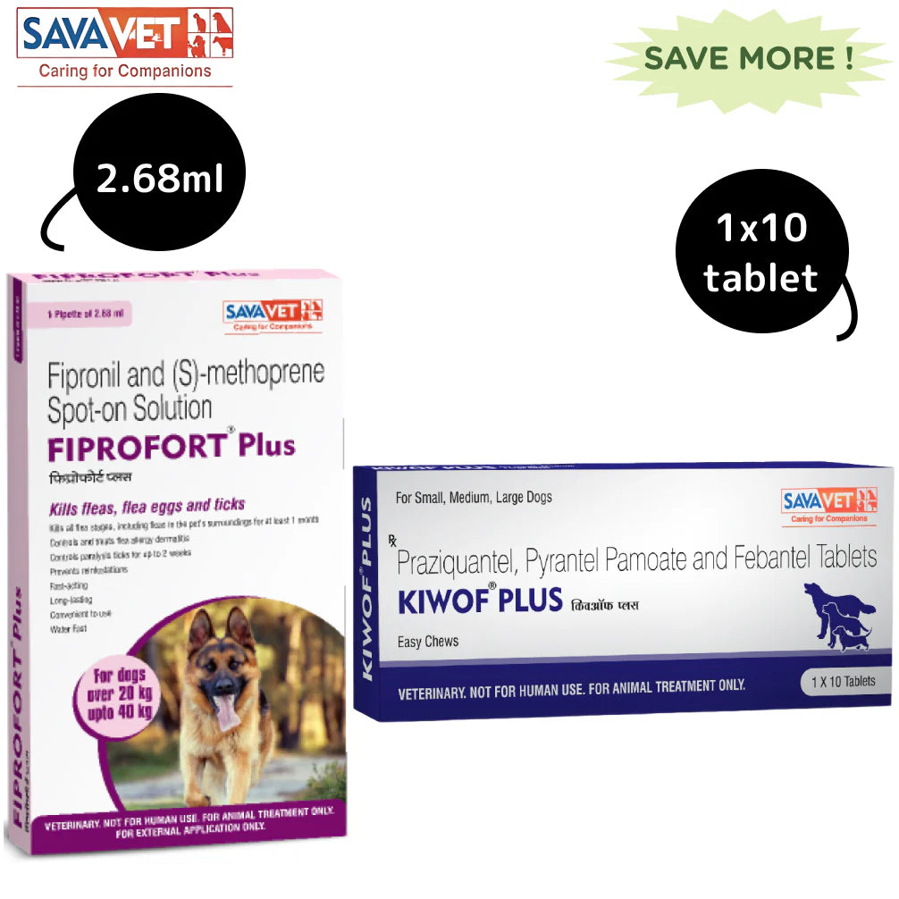 Savavet Kiwof Plus Dog Deworming Tablet (10 tablets) and Fiprofort Plus Tick & Flea Control Spot On for Dogs (20-40kg) Combo