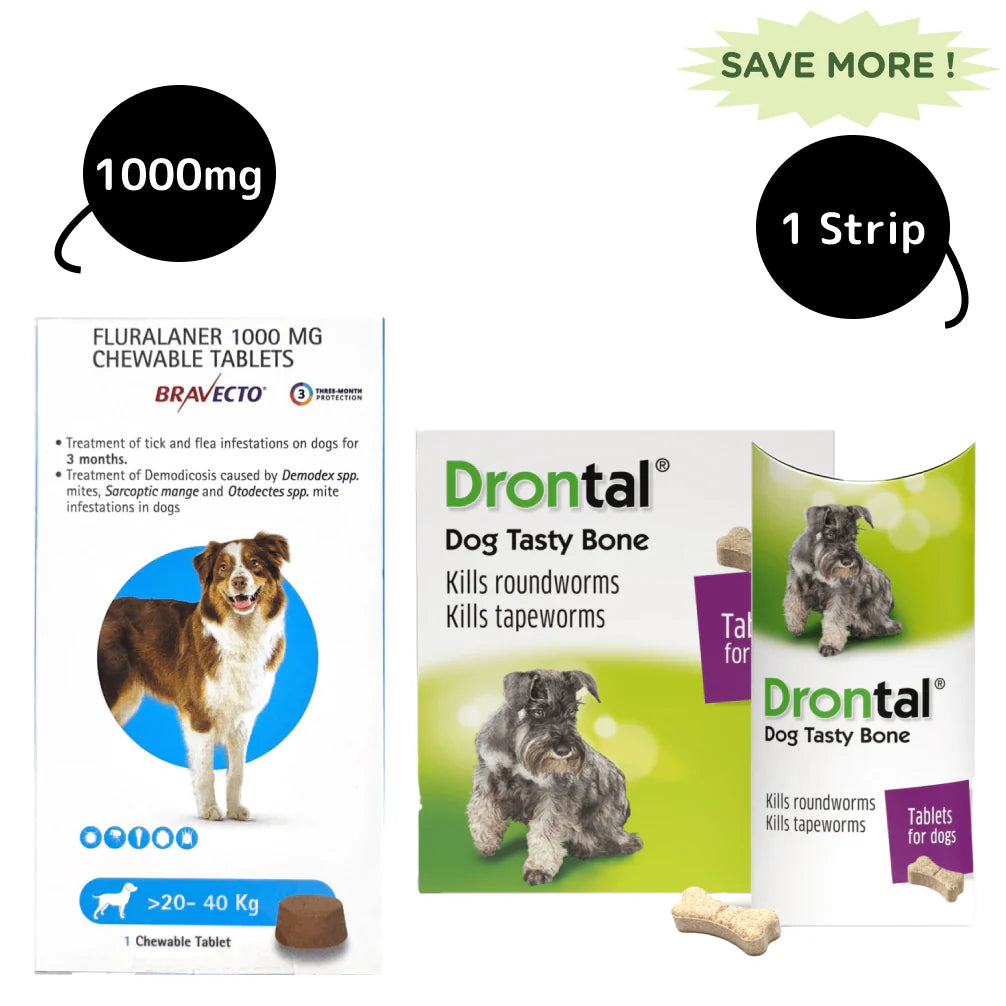 Drontal Plus Tasty Deworming Tablet (pack of 6 tablets) and MSD Animal Health Bravecto (20-40kg) Combo