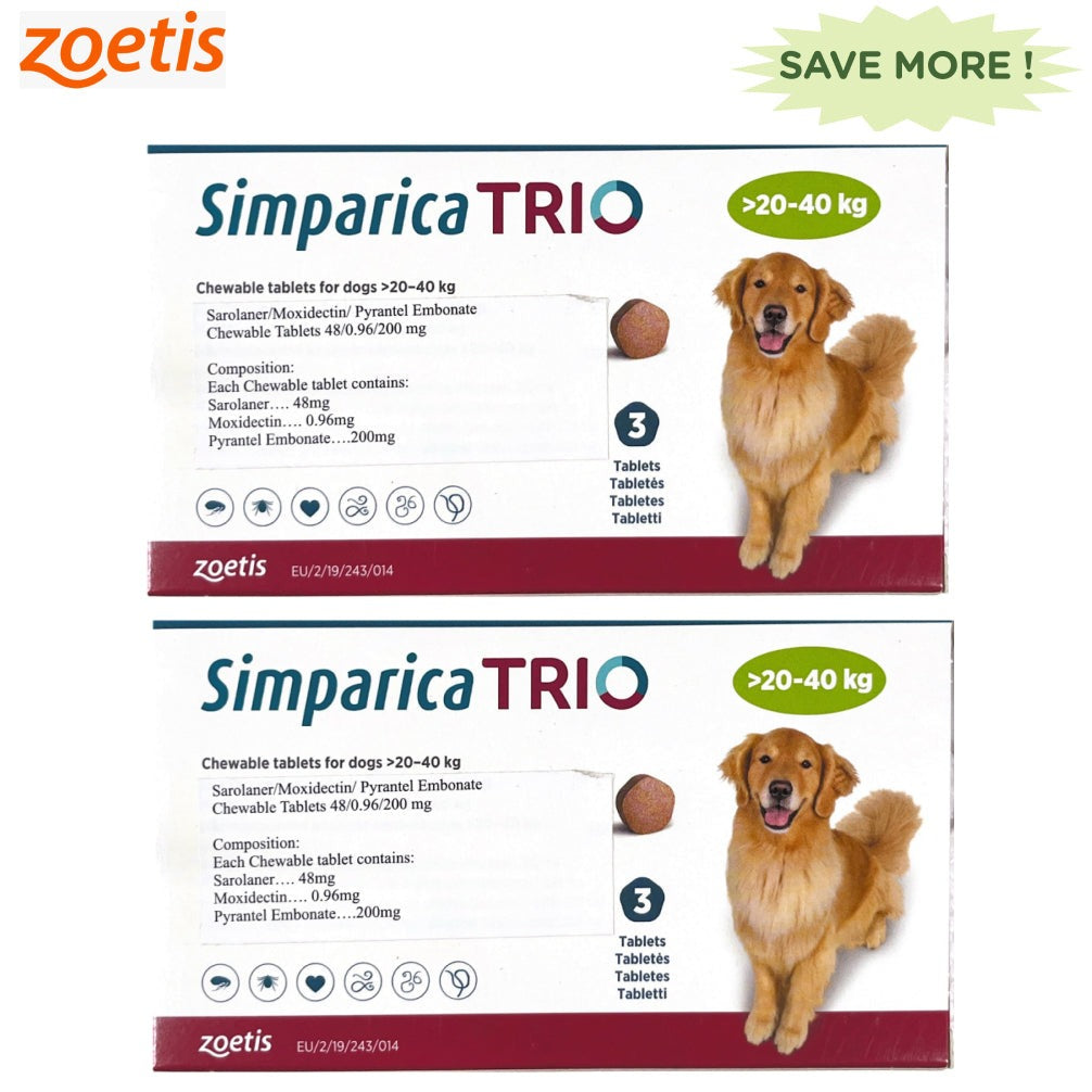 Zoetis Simparica Trio 20-40kg Tick & Flea Control Tablet Combo for Dogs(3+3 tablets)