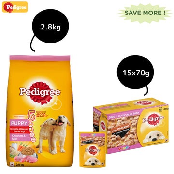 Pedigree Chicken and Milk and Chicken Chunks in Gravy Puppy Dry and Wet Food Combo