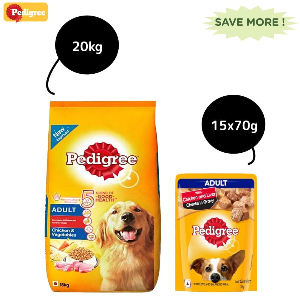 Pedigree Chicken and Vegetables Dry and Chicken and Liver Chunks in Gravy Wet Adult Dog Food Combo