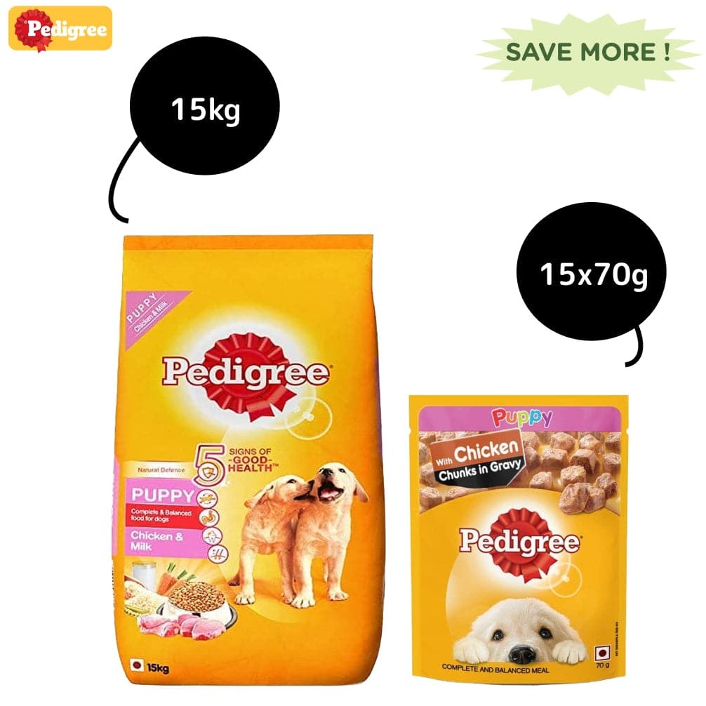 Pedigree Chicken and Milk Dry and Chicken Chunks in Gravy Wet Puppy Food Combo