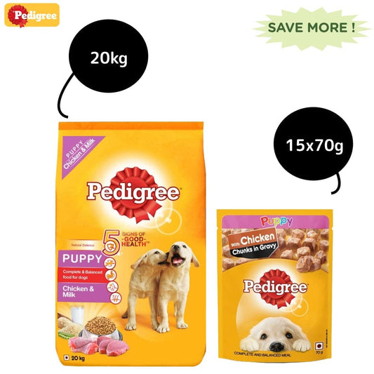 Pedigree Chicken and Milk Dry and Chicken Chunks in Gravy Wet Puppy Food Combo