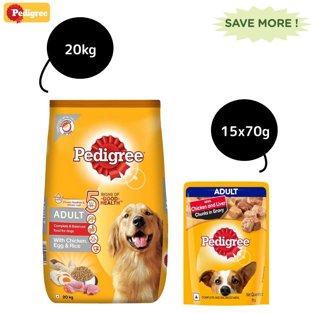 Pedigree Chicken, Egg and Rice Dry and Chicken and Liver Chunks in Gravy Wet Adult Dog Food Combo