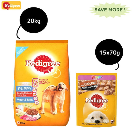 Pedigree Meat & Milk Dry and Chicken Chunks in Gravy Wet Puppy Food Combo