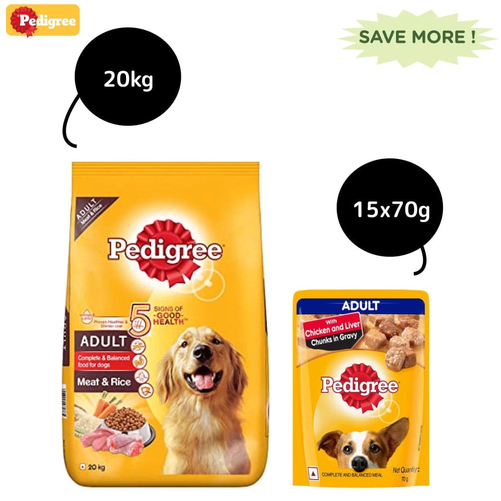 Pedigree Meat & Rice Dry and Chicken and Liver Chunks in Gravy Wet Adult Dog Food Combo