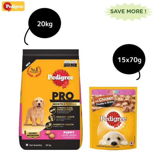 Pedigree PRO Expert Nutrition for Large Breed Puppy Dry and Chicken Chunks in Gravy Puppy Wet Food Combo