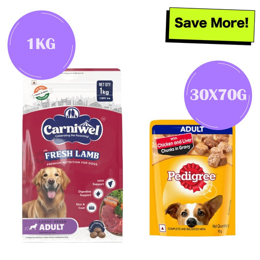 Carniwel Fresh Lamb Large Breed Dry Food and Pedigree Chicken and Liver Chunks in Gravy Adult Dog Wet Food Combo