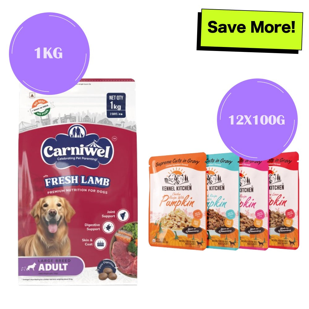 Carniwel Fresh Lamb Large Breed Dry Food and Kennel Kitchen Supreme Cuts in Gravy Variety Pack Wet Food For Dogs Combo