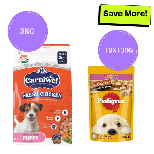 Carniwel Fresh Chicken Kibble Small Breed Dry Food and Pedigree Chicken Chunks in Gravy Pouch Puppy Dog Wet Food Combo