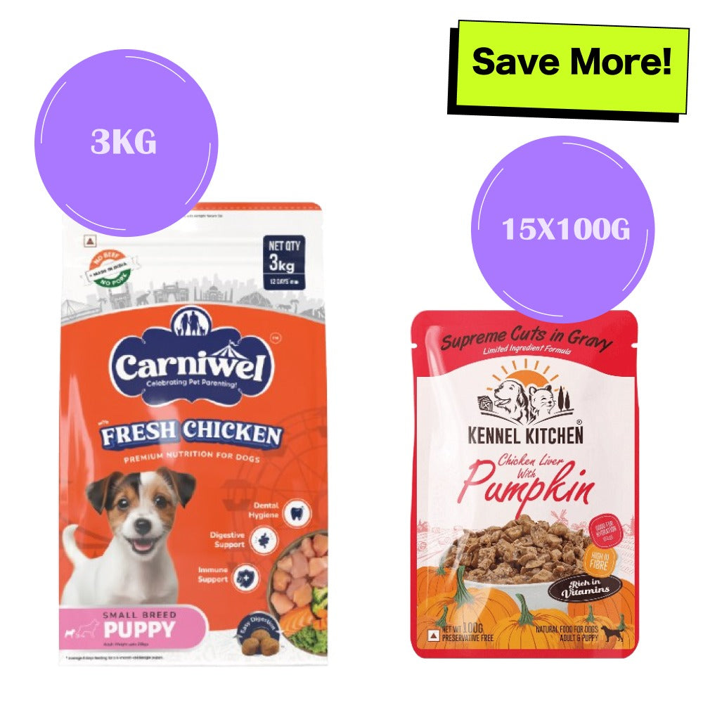 Carniwel Fresh Chicken Kibble Small Breed Dry Food and Kennel Kitchen Supreme Cuts in Gravy Chicken Liver Recipe with Pumpkin Dog Wet Food Combo