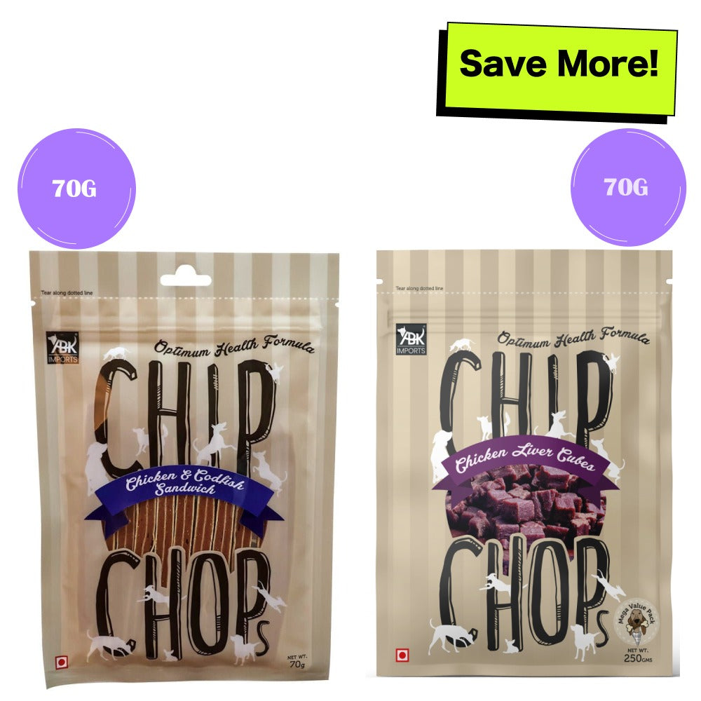 Chip Chops Chicken & Codfish Sandwich and Chicken Liver Cubes Dog Treats Combo