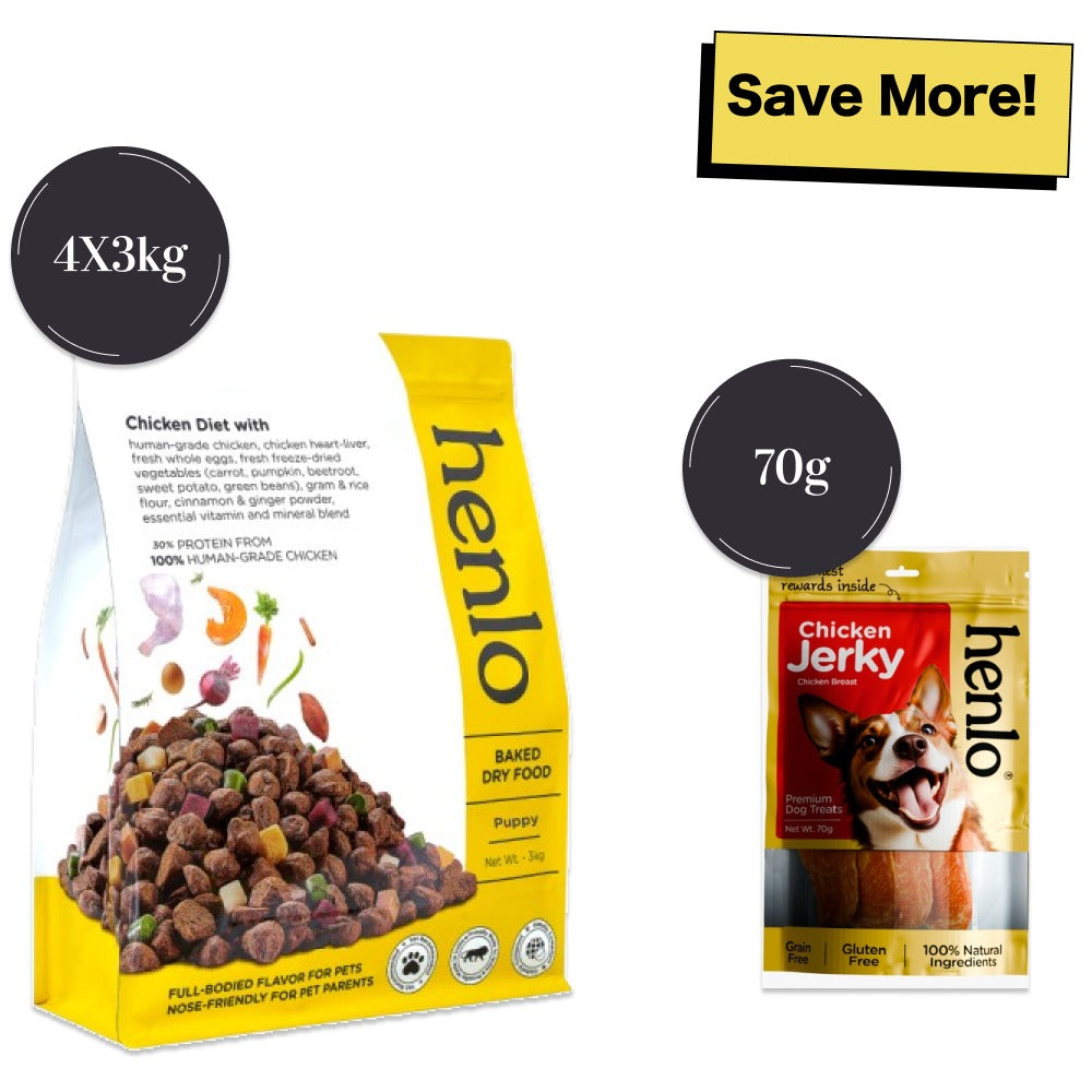 Henlo Chicken & Vegetable Baked Puppy Dry Food and Chicken Jerky Treats for Dogs Combo