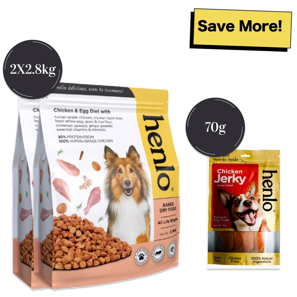 Henlo Chicken and Egg Baked Dry Food for Adult Dogs & Puppies and Chicken Jerky Treats for Dogs Combo