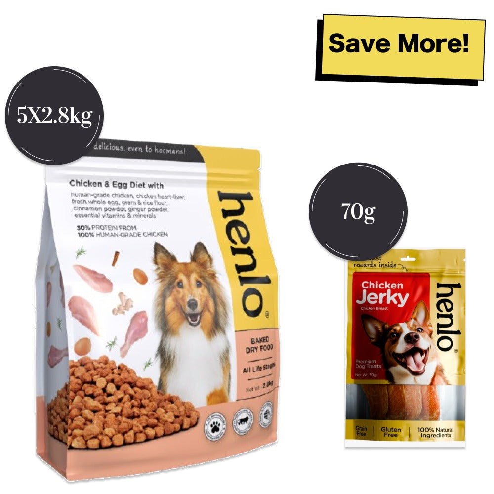 Henlo Chicken and Egg Baked Dry Food for Adult Dogs & Puppies and Chicken Jerky Treats for Dogs Combo