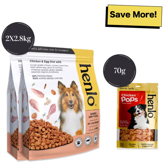 Henlo Chicken and Egg Baked Dry Food for Adult Dogs & Puppies and Chicken Pops Treats for Dogs Combo