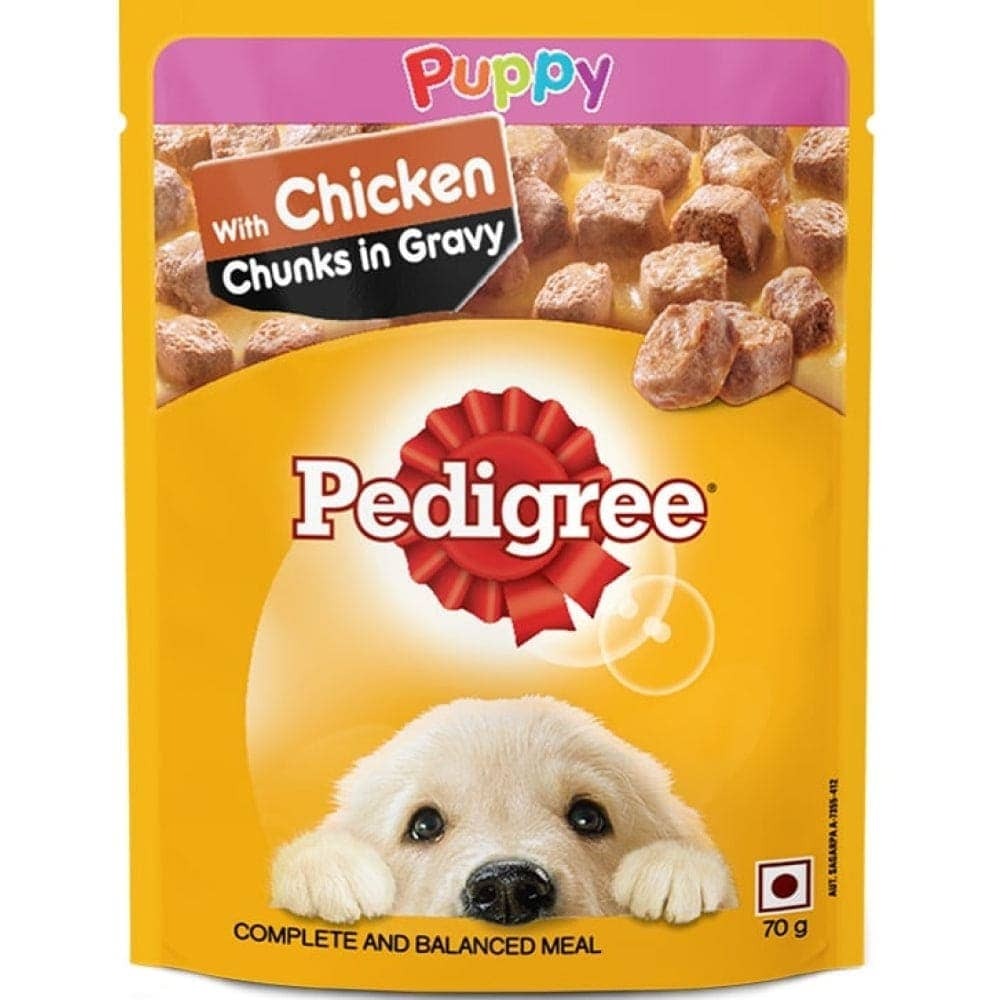 Pedigree Chicken Chunks in Gravy Pouch Puppy Wet Food and Chicken & Milk Puppy Dry Food Combo