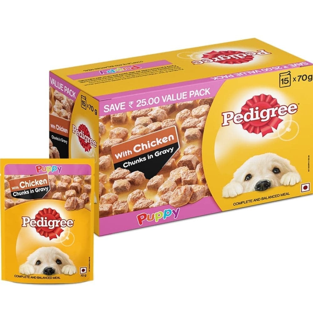 Pedigree Chicken and Milk and Chicken Chunks in Gravy Puppy Dry and Wet Food Combo