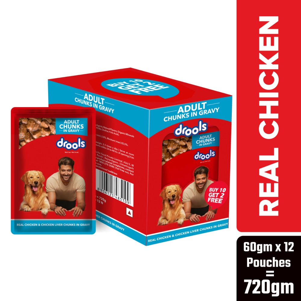 Drools Real Chicken & Chicken Liver Chunks in Gravy Adult Dog Wet Food (60g)