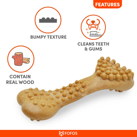 Fofos Woodplay Brush Bone Toy for Dogs | For Aggressive Chewers (Brown)