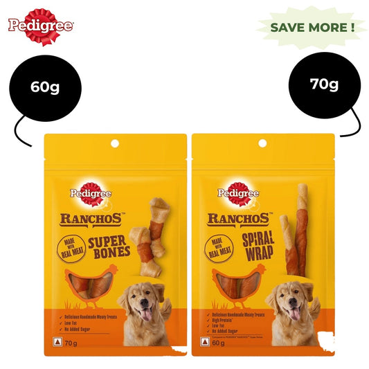 Pedigree Ranchos Spiral Wrap Chicken & Smokey Lamb and Ranchos Super Bones Chicken & Milk Dog Treats Combo