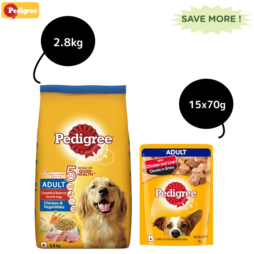 Pedigree Chicken and Vegetables Dry and Chicken and Liver Chunks in Gravy Wet Adult Dog Food Combo