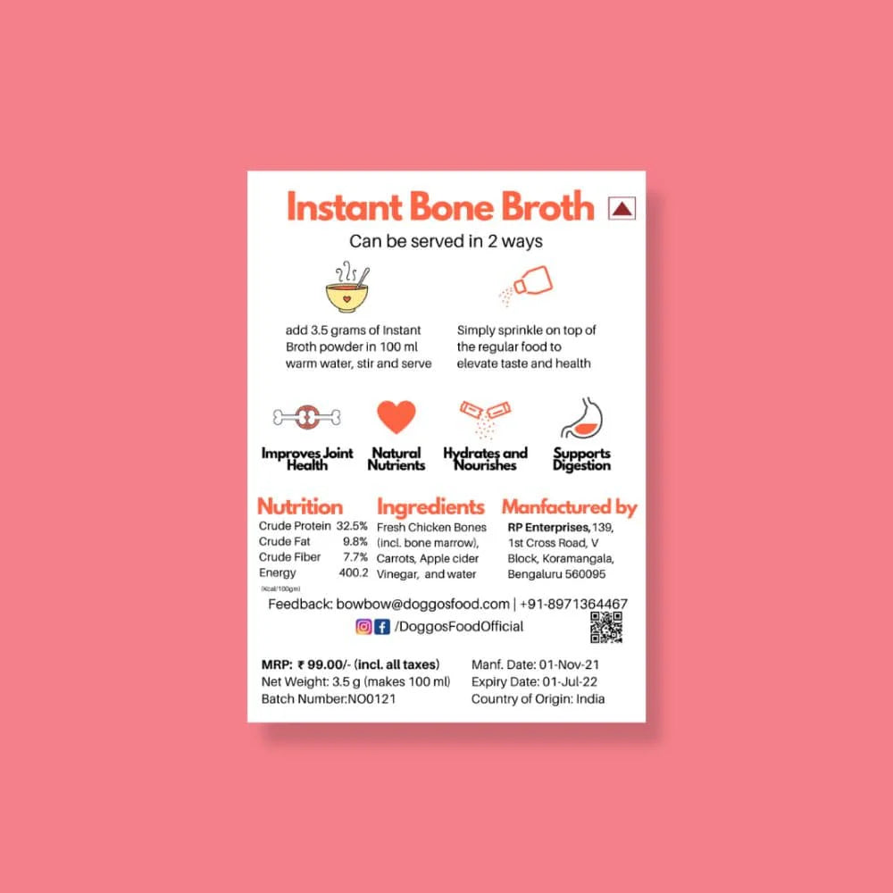 Doggos Instant Chicken Bone Broth with Carrot for Dogs and Cats