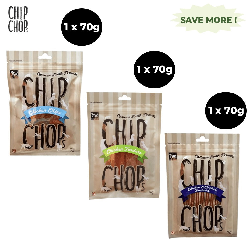 Chip Chops Chicken and Codfish Sandwich, Chicken Tenders and Chicken Chip Coins Dog Treats Combo (3 x 70g)