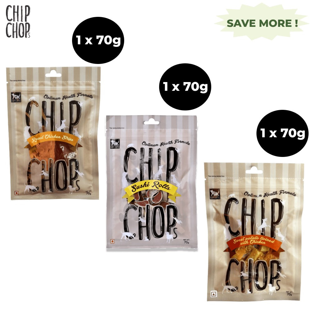 Chip Chops Sushi Rolls, Roast Chicken Strips and Biscuit Twined with Chicken Dog Treats Combo (3 x 70g)