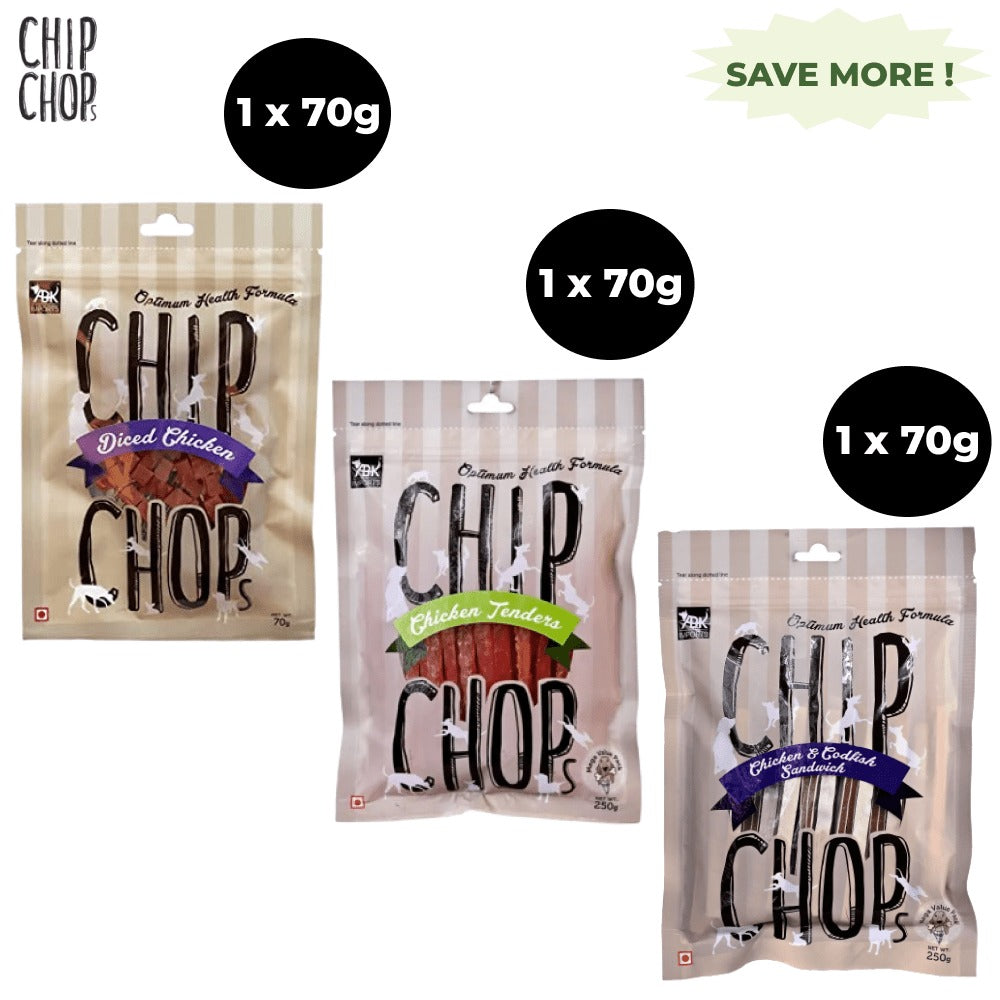 Chip Chops Diced Chicken, Chicken and Codfish Sandwich and Chicken Tenders Dog Treats Combo (Pack of 3)