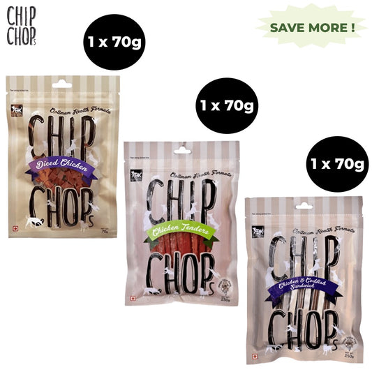 Chip Chops Diced Chicken, Chicken and Codfish Sandwich and Chicken Tenders Dog Treats Combo (Pack of 3)