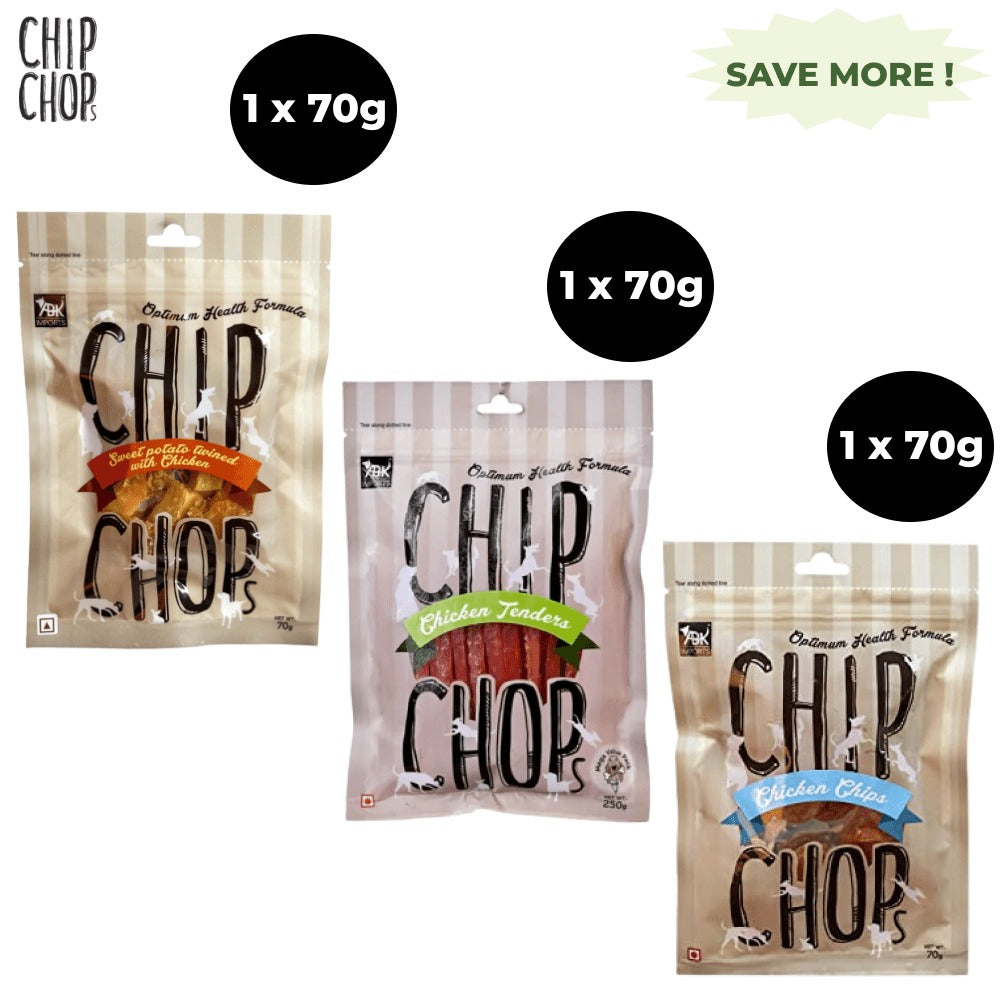 Chip Chops Chicken Tenders, Chicken Chip Coins and Sweet Potato Chicken Dog Treats Combo (3 x 70g)