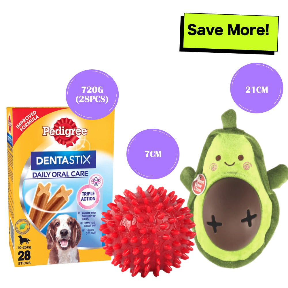 Pedigree Dentastix Oral Care for Adult (Medium Breed of 10 to 25 kg) Treats, Fofos Avocado Treat Toy and Drools Non Toxic Rubber Stud Spike Hard Ball Chew Teething Toy for Dogs Combo