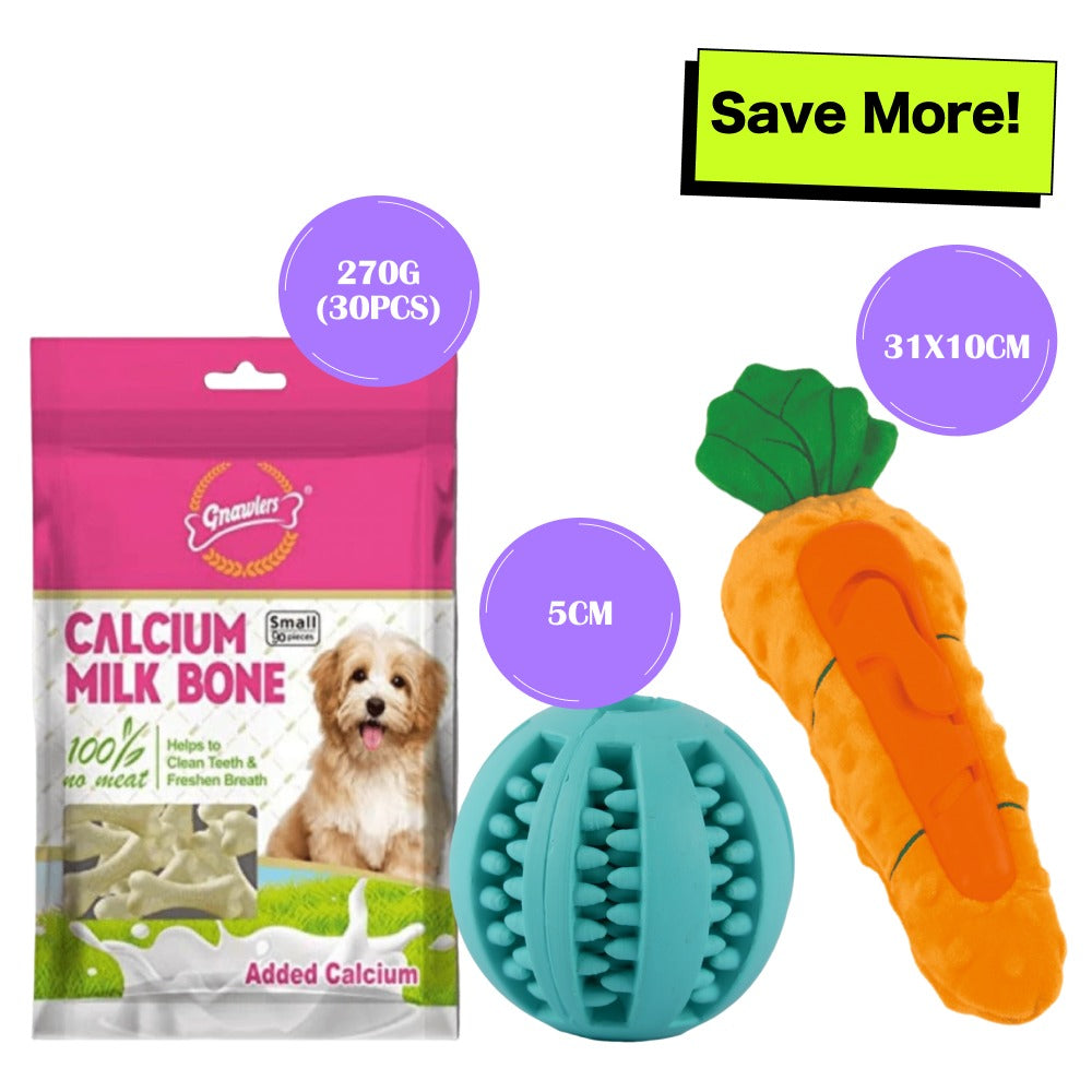 Gnawlers Calcium Milk Bone Treats, Fofos Carrot Treat Toy and Trixie Denta Fun Ball Mint Flavour Natural Rubber Toy Combo for Dogs