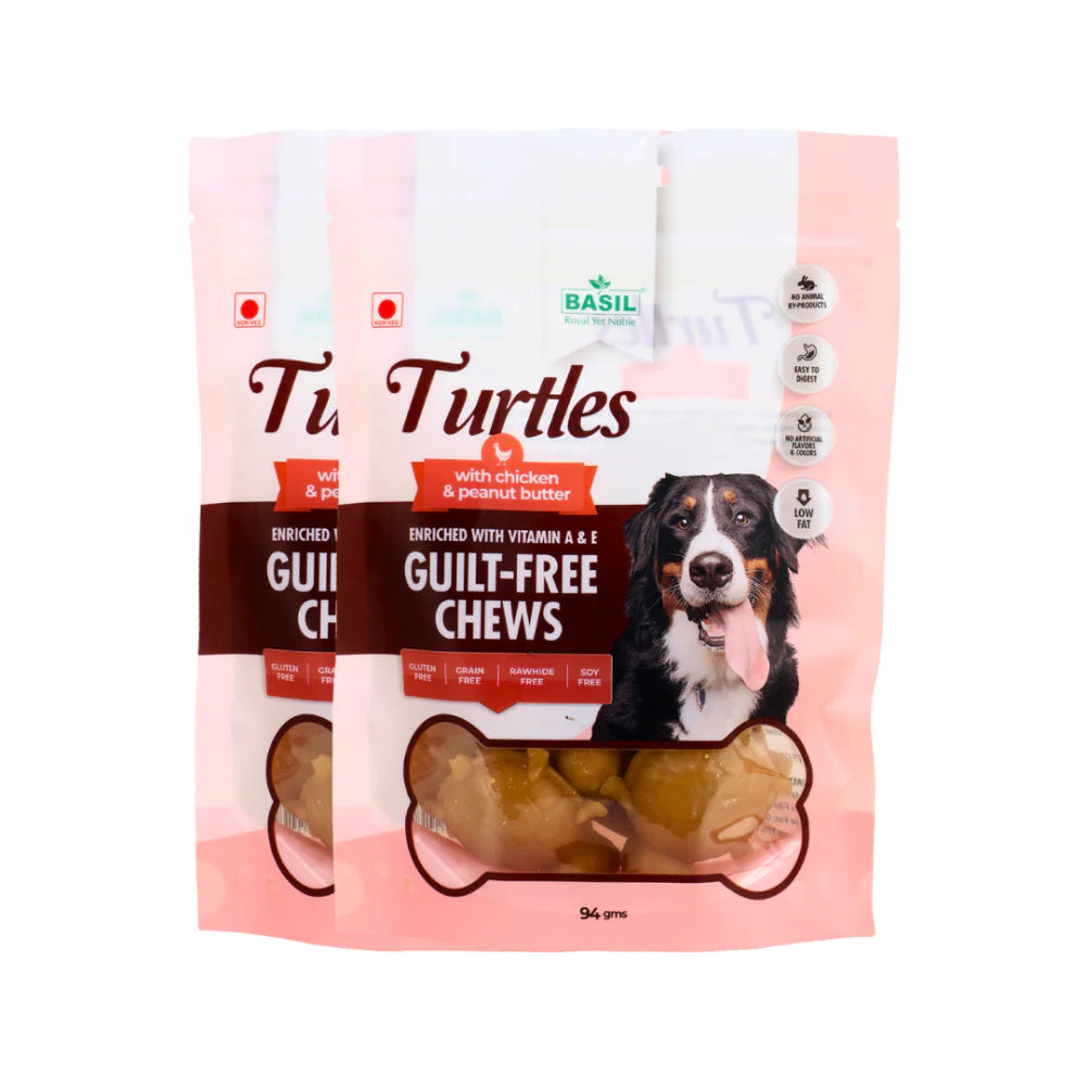 Basil Chicken & Peanut Butter Turtle Shaped Dog Chew Treats