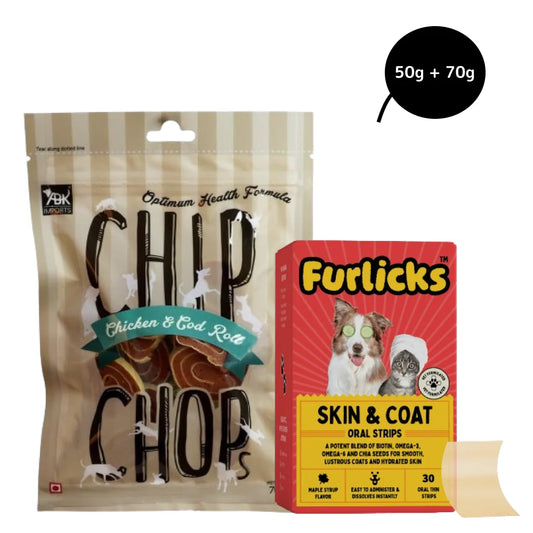 Furlicks Skin & Coat Supplement and Chip Chops Chicken and Codfish Rolls Treats Combo for Dogs