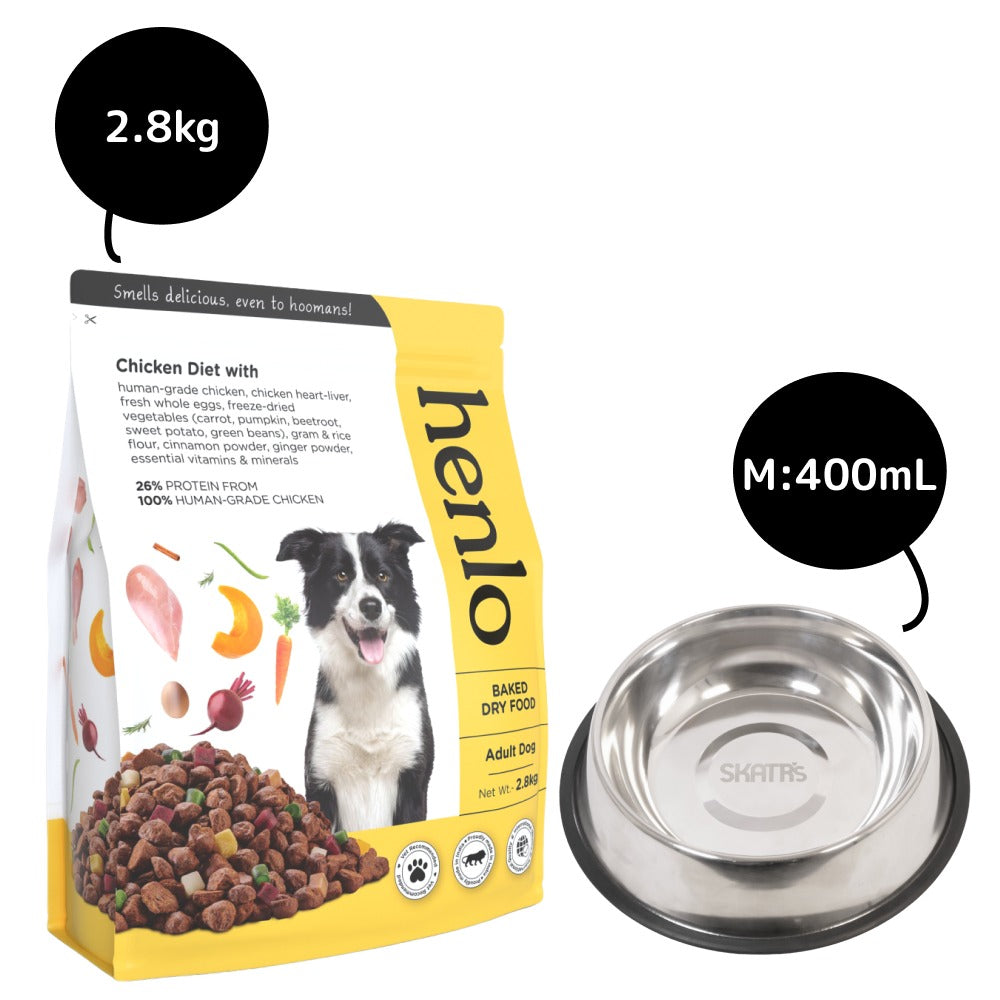 Henlo Chicken & Vegetable Baked Dry Food for Adult Dogs and SKATRS Anti Skid Stainless Steel Bowl Combo