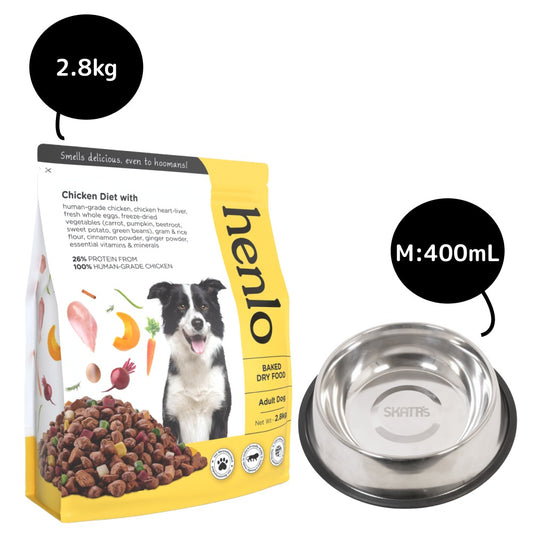 Henlo Chicken & Vegetable Baked Dry Food for Adult Dogs and SKATRS Anti Skid Stainless Steel Bowl Combo