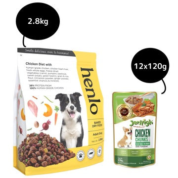 Henlo Chicken & Vegetable Baked Dry Food for Adult Dogs and JerHigh Vegetable and Chicken in Gravy Dog Wet Food Combo