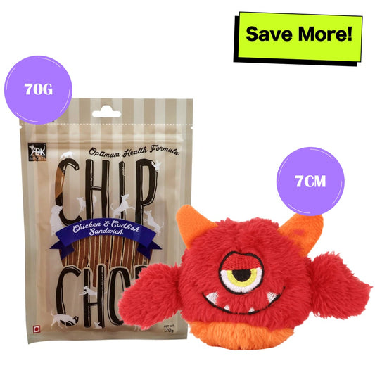 Chip Chops Chicken & Codfish Sandwich Treats with Basil Red Plush Monster Toy Combo for Dogs