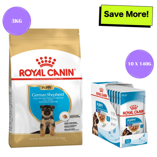 Royal Canin German Shepherd Dry Food and Maxi Puppy Dog Wet Food Combo