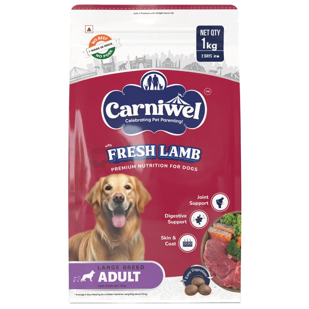 Carniwel Fresh Lamb Large Breed Dry Food and Kennel Kitchen Supreme Cuts in Gravy Variety Pack Wet Food For Dogs Combo