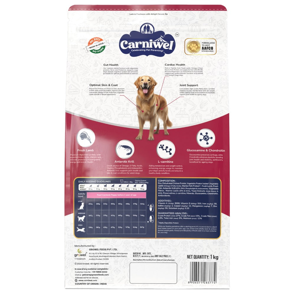 Carniwel Fresh Lamb Large Breed Dry Food and Pedigree Chicken and Liver Chunks in Gravy Adult Dog Wet Food Combo