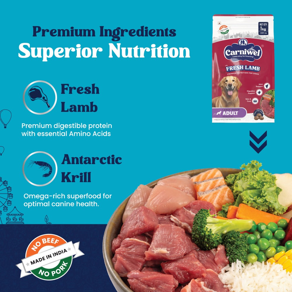 Carniwel Fresh Lamb Large Breed Dry Food and Kennel Kitchen Supreme Cuts in Gravy Variety Pack Wet Food For Dogs Combo