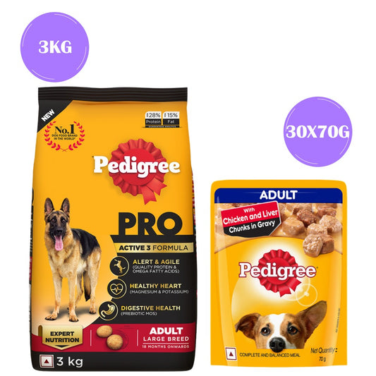 Pedigree PRO Expert Nutrition Active Adult (18 Months Onwards) Large Breed and Chicken and Liver Chunks in Gravy Wet Adult Dog Food Combo