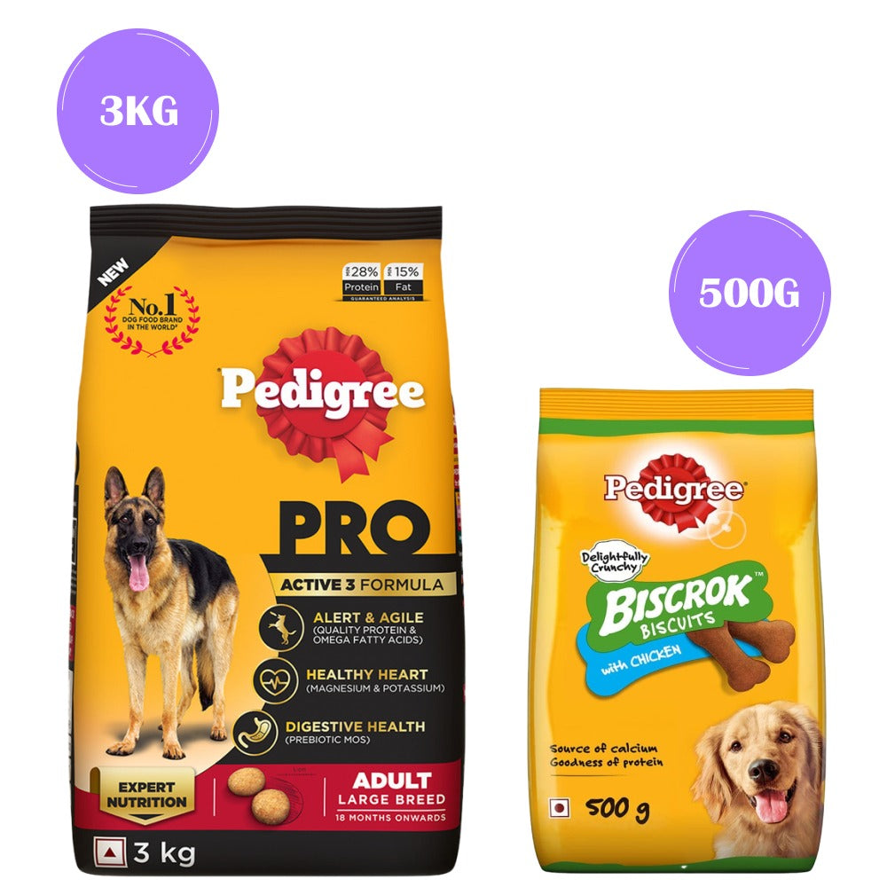 Pedigree PRO Expert Nutrition Active Adult (18 Months Onwards) Large Breed Dry Food and Chicken Flavor Biscrok Biscuits Treats Combo for Dogs